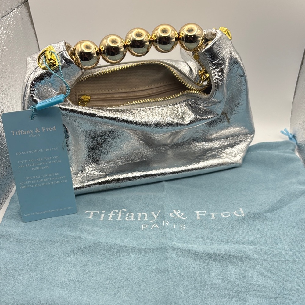 Tiffany & Fred Metallic Silver Clutch with Gold Bead Handle